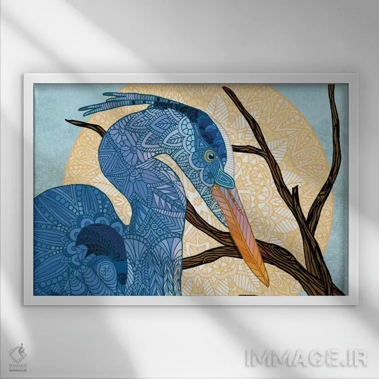 تابلو خورشید اگرت (پرنده حواصیل) اثر آنجلیکا پارکر - نمای قابدار سفید