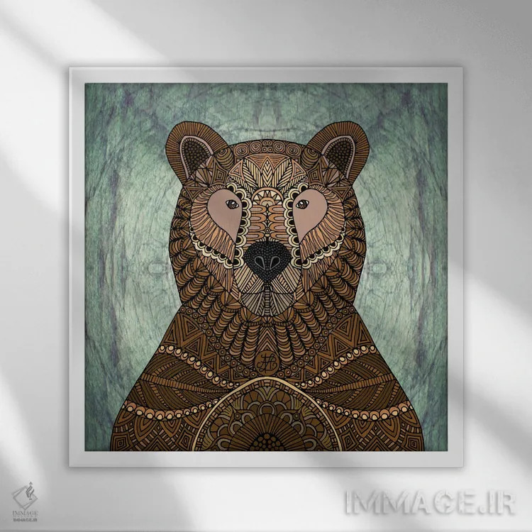 تابلو خرس قهوهای تزئینی (طرح مربع) اثر آنجلیکا پارکر - نمای قابدار سفید