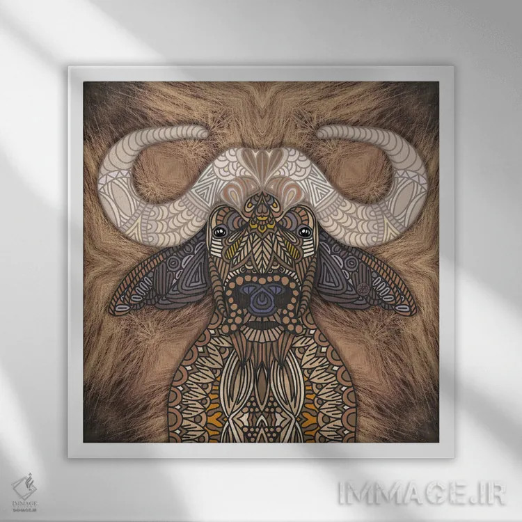 تابلو گاومیش آفریقایی (طرح مربع) اثر آنجلیکا پارکر - نمای قابدار سفید