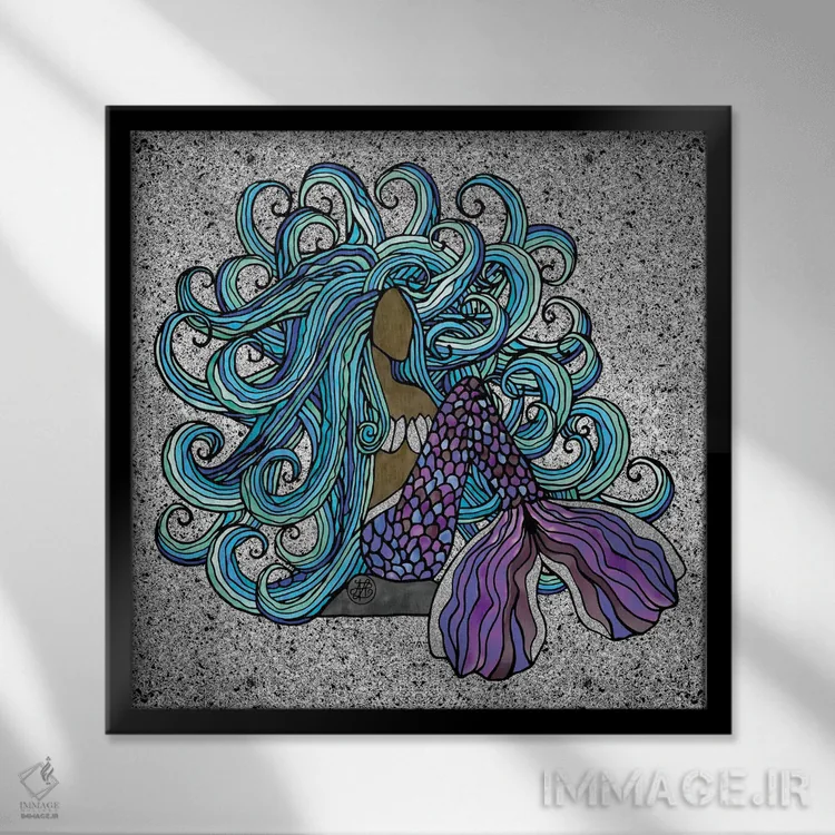 تابلو پری دریایی زیبا با موی آبی اثر آنجلیکا پارکر - نمای قابدار مشکی