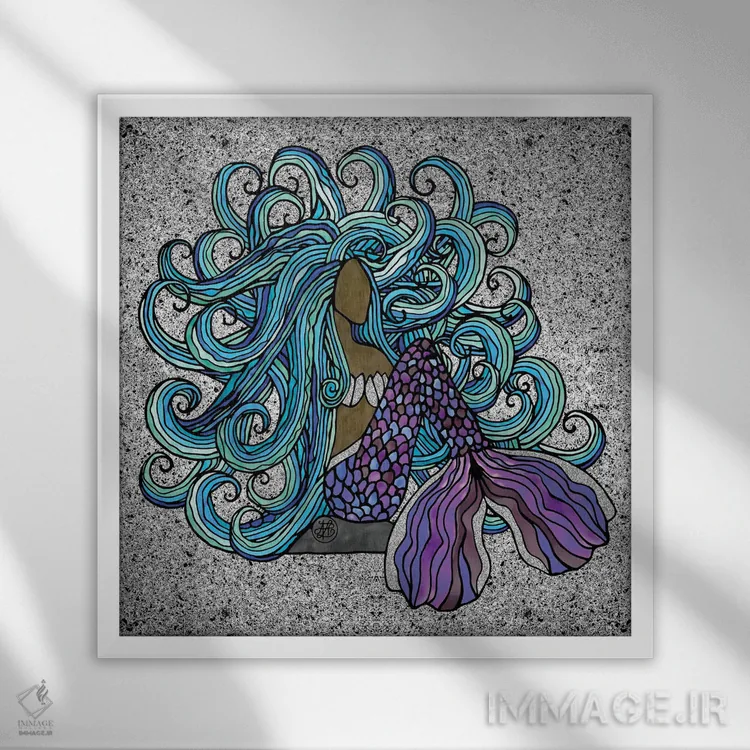 تابلو پری دریایی زیبا با موی آبی اثر آنجلیکا پارکر - نمای قابدار سفید