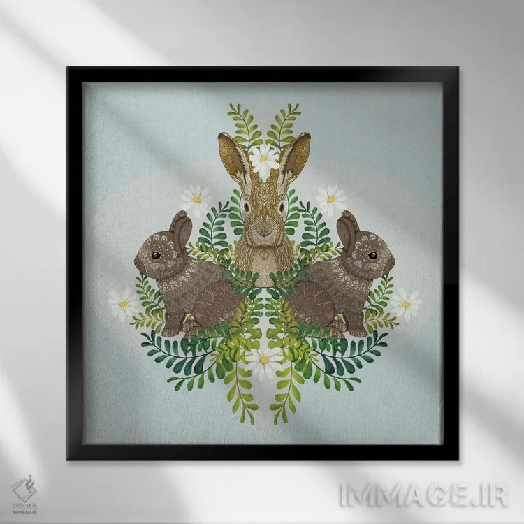 تابلو خرگوش بامزه داماسک اثر آنجلیکا پارکر - نمای قابدار مشکی