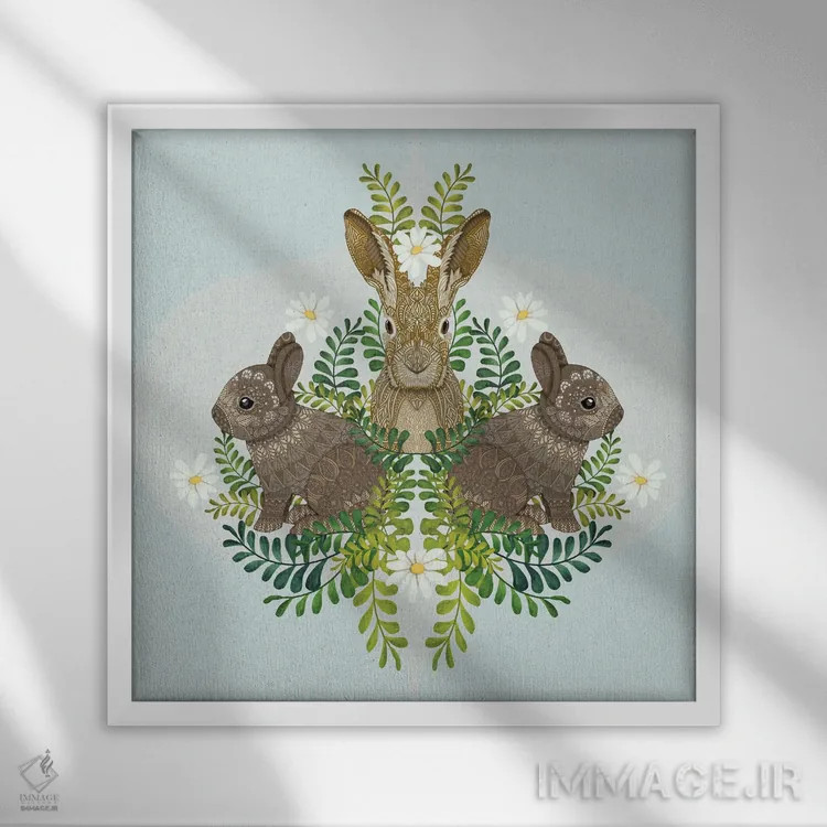 تابلو خرگوش بامزه داماسک اثر آنجلیکا پارکر - نمای قابدار سفید