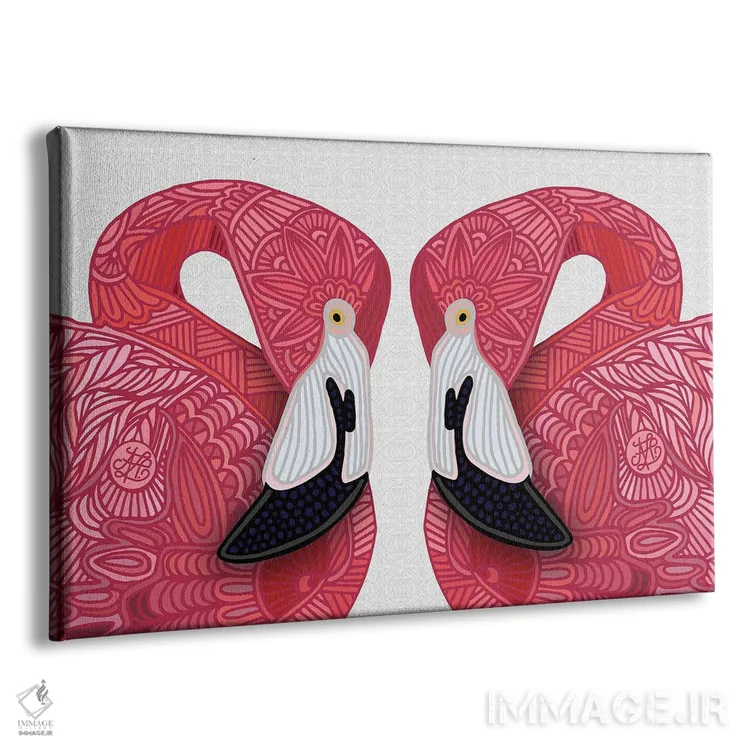 تابلو فلامینگوهای صورتی روی زمینهٔ سفید اثر آنجلیکا پارکر - نمای پرسپکتیو محصول