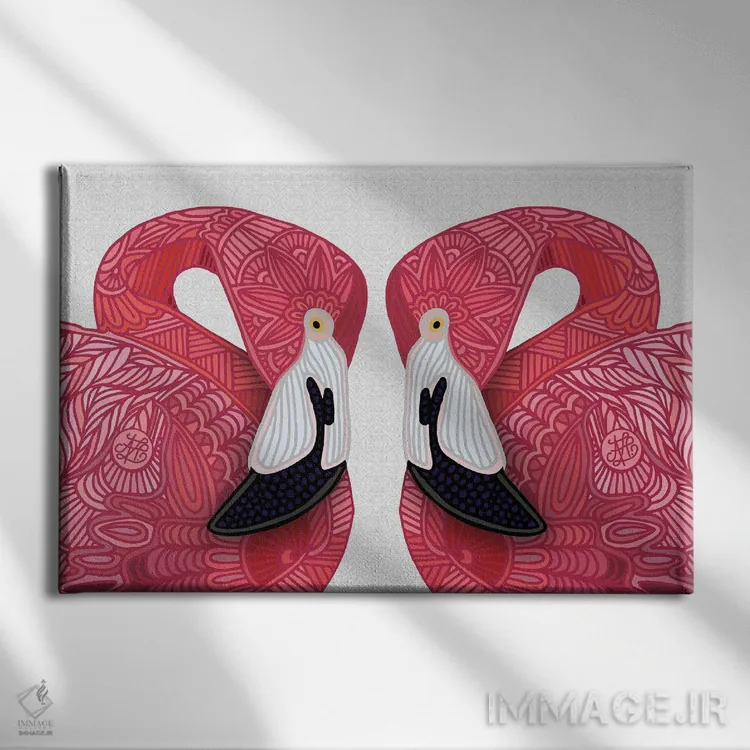 تابلو فلامینگوهای صورتی روی زمینهٔ سفید اثر آنجلیکا پارکر - نمای روبهرو روی دیوار