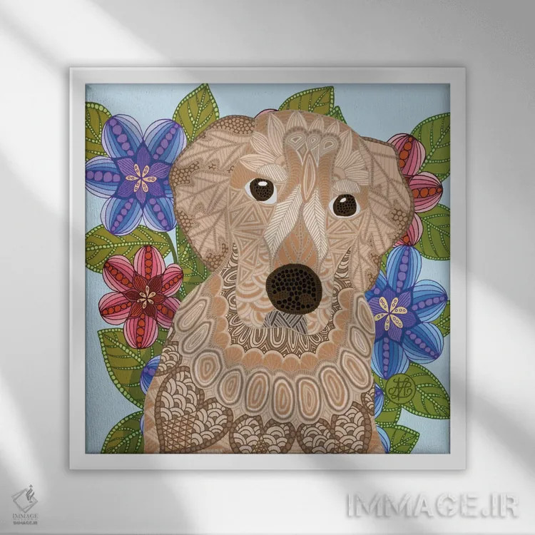 تابلو گلدن رتریور (نژاد سگ) اثر آنجلیکا پارکر - نمای قابدار سفید