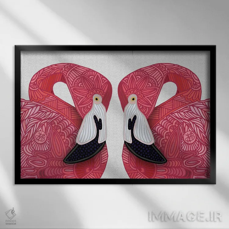 تابلو فلامینگوهای صورتی روی زمینهٔ سفید اثر آنجلیکا پارکر - نمای قابدار مشکی