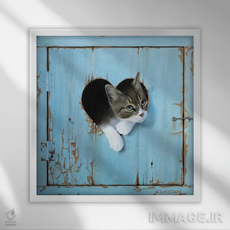 تابلو بچه گربه اثر آلن وستون - نمای قابدار سفید