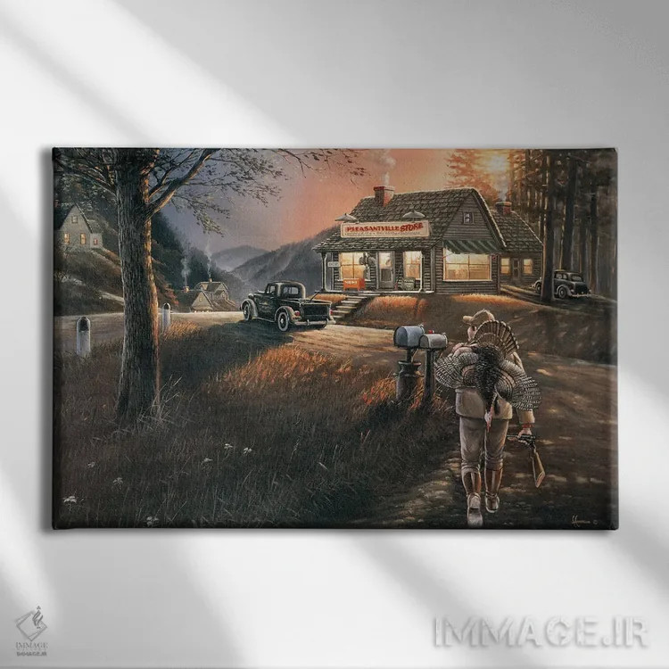 تابلو خاطرات دلپذیر شکارچی بوقلمون اثر اندرسون آرت (گروه هنری) - نمای روبهرو روی دیوار