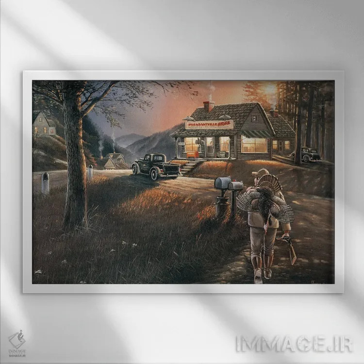 تابلو خاطرات دلپذیر شکارچی بوقلمون اثر اندرسون آرت (گروه هنری) - نمای قابدار سفید