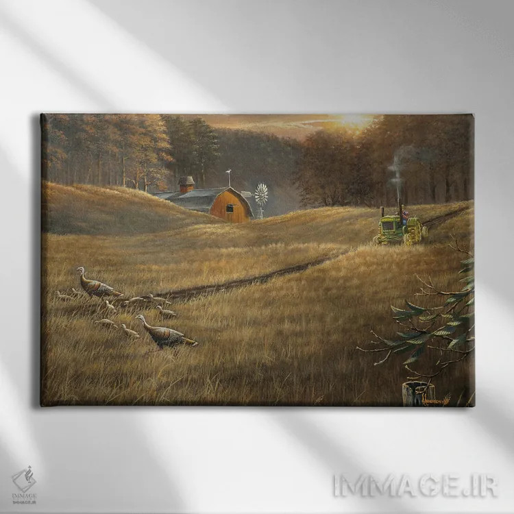 تابلو تجدید حیات تراکتور و بوقلمونها اثر اندرسون آرت (گروه هنری) - نمای روبهرو روی دیوار