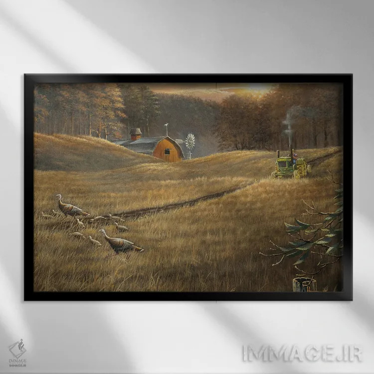 تابلو تجدید حیات تراکتور و بوقلمونها اثر اندرسون آرت (گروه هنری) - نمای قابدار مشکی