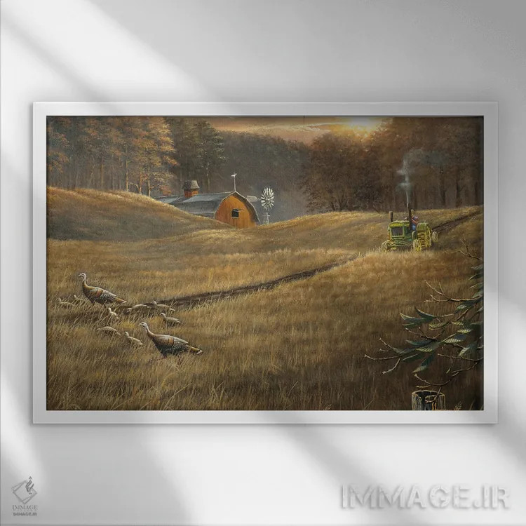 تابلو تجدید حیات تراکتور و بوقلمونها اثر اندرسون آرت (گروه هنری) - نمای قابدار سفید