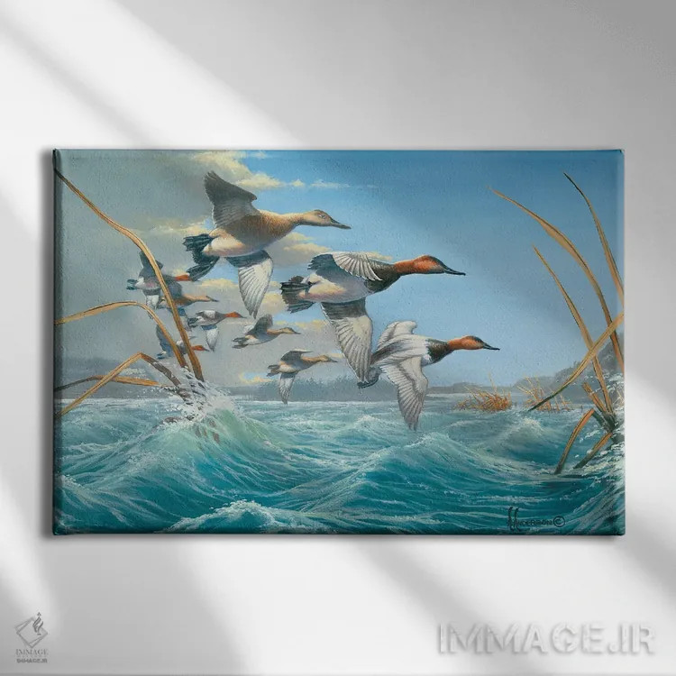تابلو اردکهای کانواسبک در آب متلاطم اثر اندرسون آرت (گروه هنری) - نمای روبهرو روی دیوار