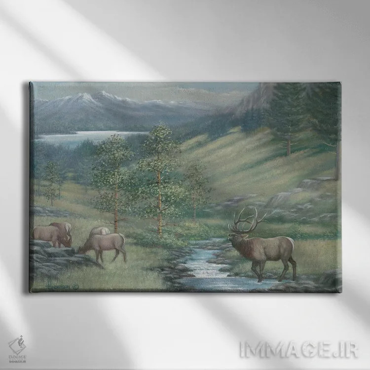 تابلو گوزن کوهی در نهر اثر اندرسون آرت (گروه هنری) - نمای روبهرو روی دیوار