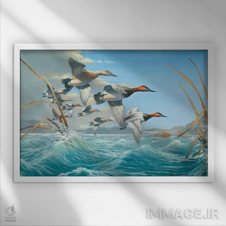 تابلو اردکهای کانواسبک در آب متلاطم اثر اندرسون آرت (گروه هنری) - نمای قابدار سفید