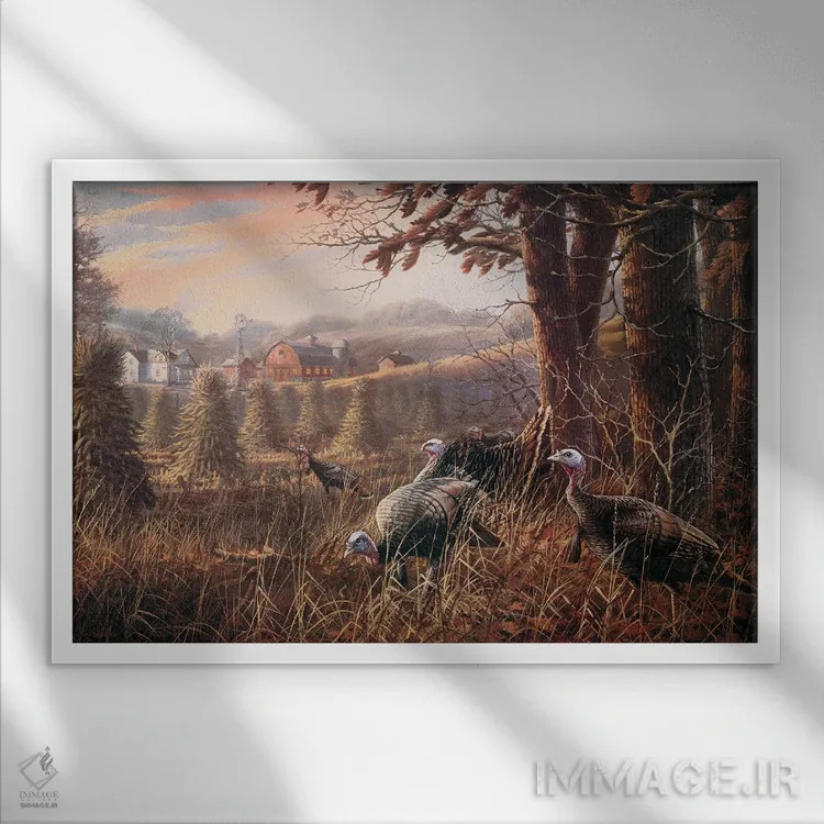 تابلو بوقلمونهای خانهٔ روستایی اثر اندرسون آرت (گروه هنری) - نمای قابدار سفید