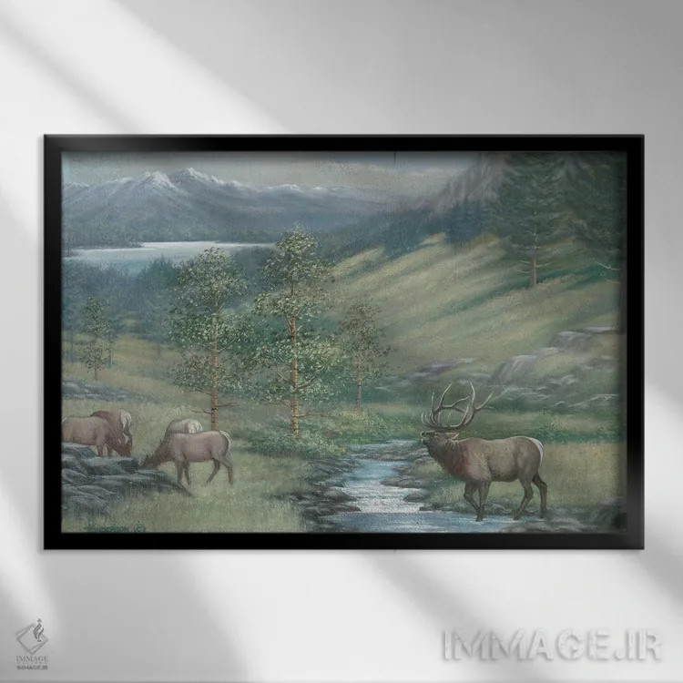 تابلو گوزن کوهی در نهر اثر اندرسون آرت (گروه هنری) - نمای قابدار مشکی