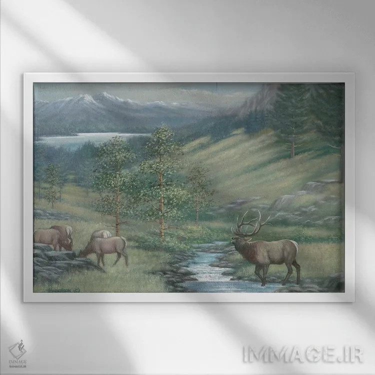 تابلو گوزن کوهی در نهر اثر اندرسون آرت (گروه هنری) - نمای قابدار سفید