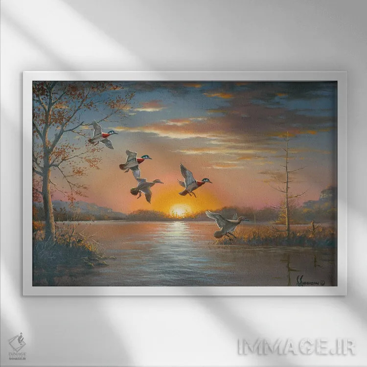 تابلو خلیج دنج اردکهای چوبی اثر اندرسون آرت (گروه هنری) - نمای قابدار سفید