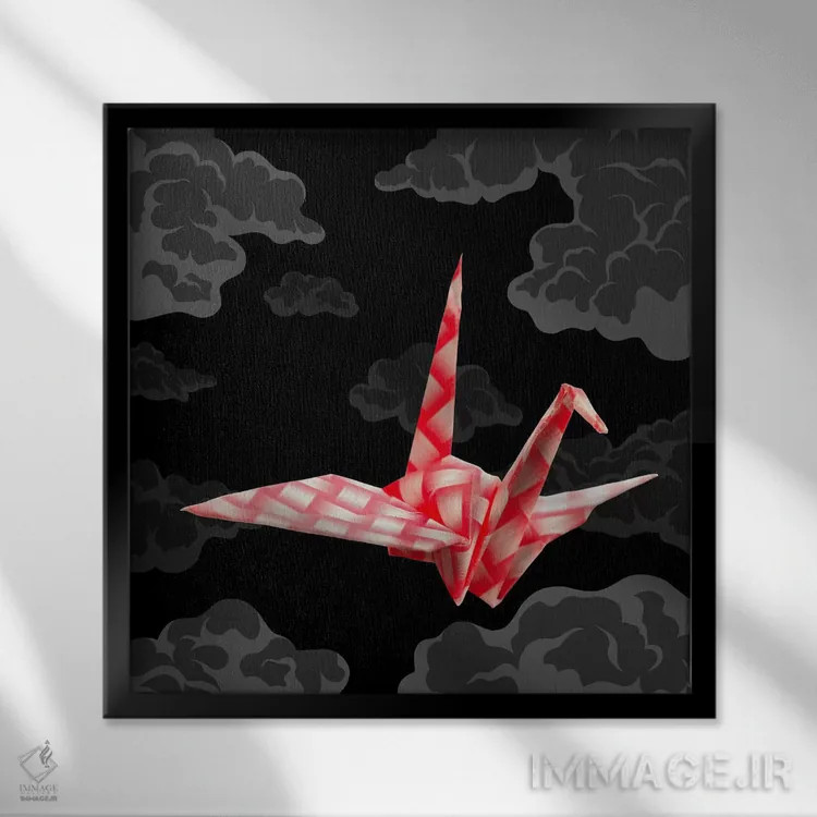 تابلو درنای کاغذی زودگذر اثر فایو بای فایو کالکتیو - نمای قابدار مشکی