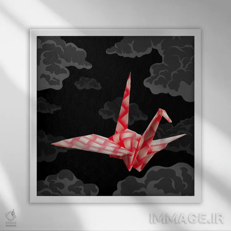 تابلو درنای کاغذی زودگذر اثر فایو بای فایو کالکتیو - نمای قابدار سفید