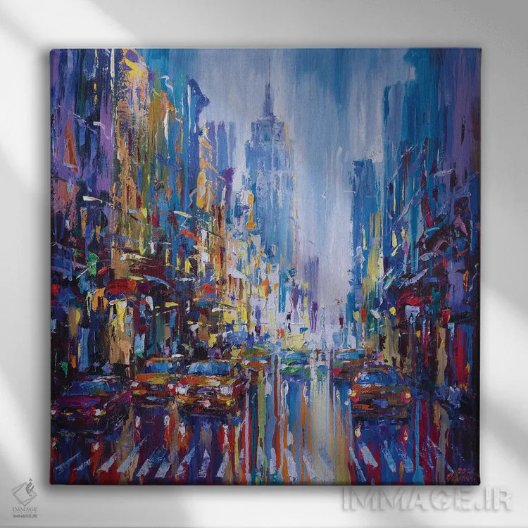 تابلو نمای شهری انتزاعی تاکسیهای نیویورک اثر آندره اوستاپچوک - نمای روبهرو روی دیوار
