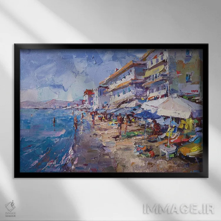 تابلو ساحل کاترینیس، یونان اثر آندره اوستاپچوک - نمای قابدار مشکی