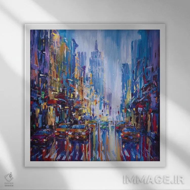 تابلو نمای شهری انتزاعی تاکسیهای نیویورک اثر آندره اوستاپچوک - نمای قابدار سفید