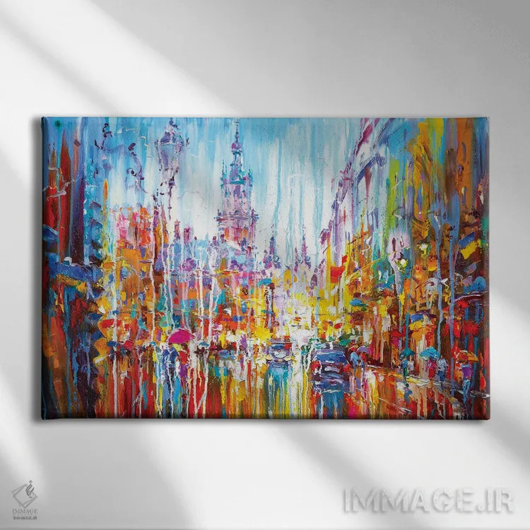تابلو منظرهٔ شهری انتزاعی (لویو، اوکراین) اثر آندره اوستاپچوک - نمای روبهرو روی دیوار