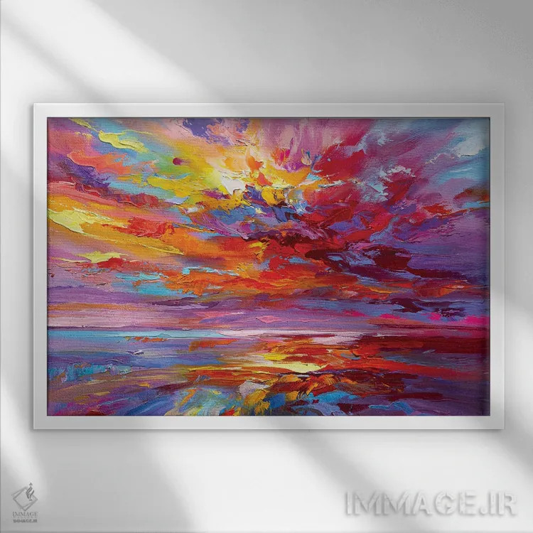 تابلو طلوع انتزاعی خورشید بر دریا اثر آندره اوستاپچوک - نمای قابدار سفید