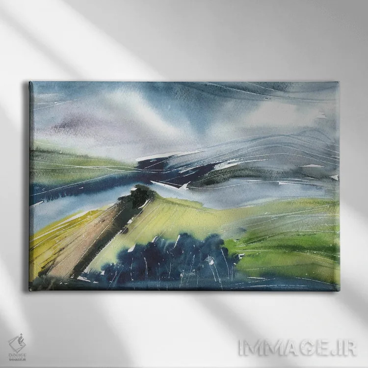تابلو منظرهٔ انتزاعی آبی تیره (آبرنگ) اثر آنا اوز - نمای روبهرو روی دیوار