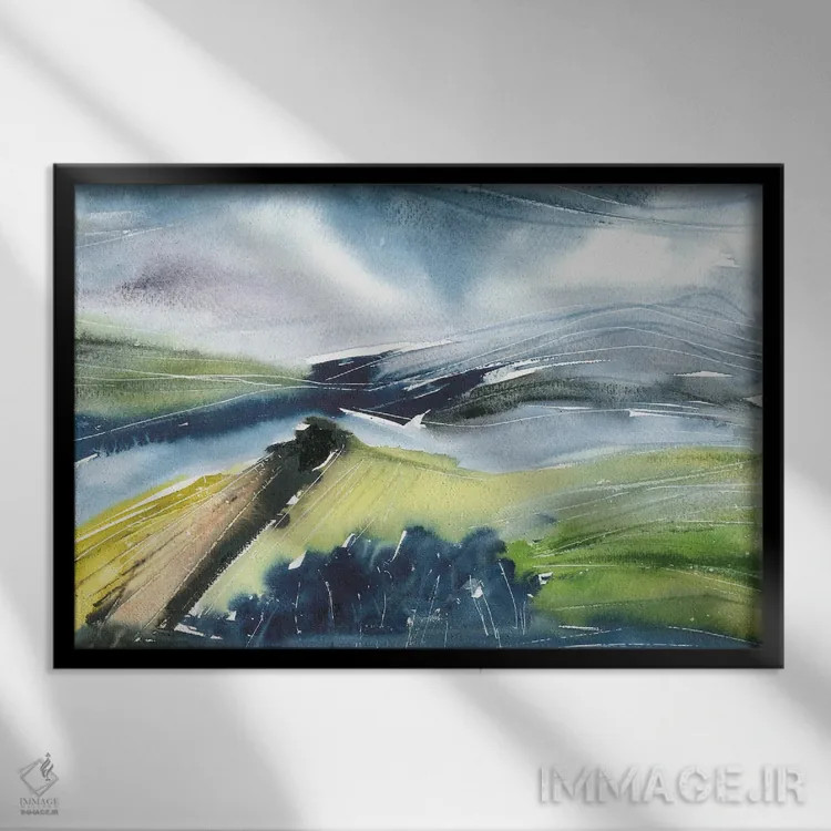 تابلو منظرهٔ انتزاعی آبی تیره (آبرنگ) اثر آنا اوز - نمای قابدار مشکی