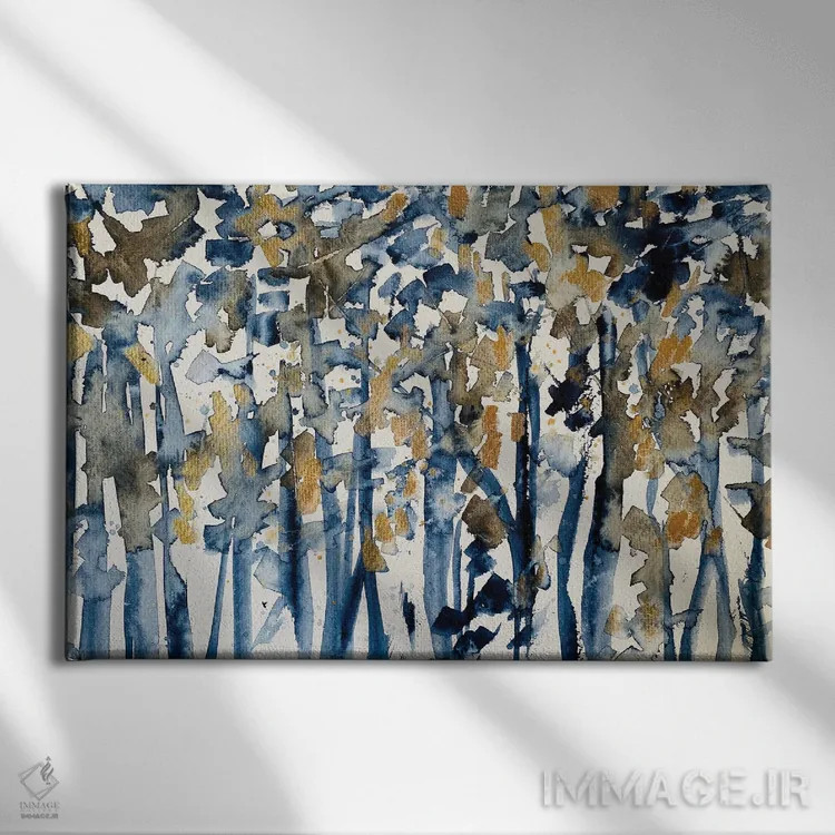 تابلو منظرهٔ آبی و طلایی (آبرنگ) اثر آنا اوز - نمای روبهرو روی دیوار