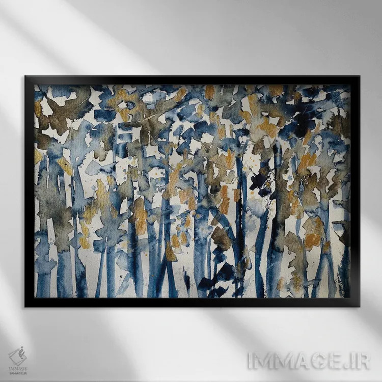 تابلو منظرهٔ آبی و طلایی (آبرنگ) اثر آنا اوز - نمای قابدار مشکی