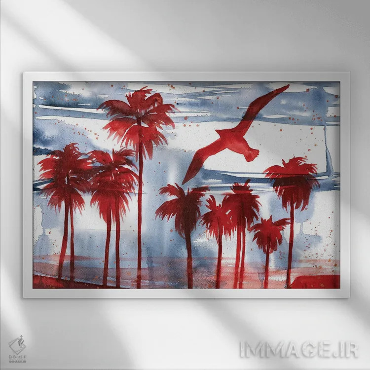 تابلو منظرهٔ مرغان دریایی آبی و ارغوانی (آبرنگ) اثر آنا اوز - نمای قابدار سفید