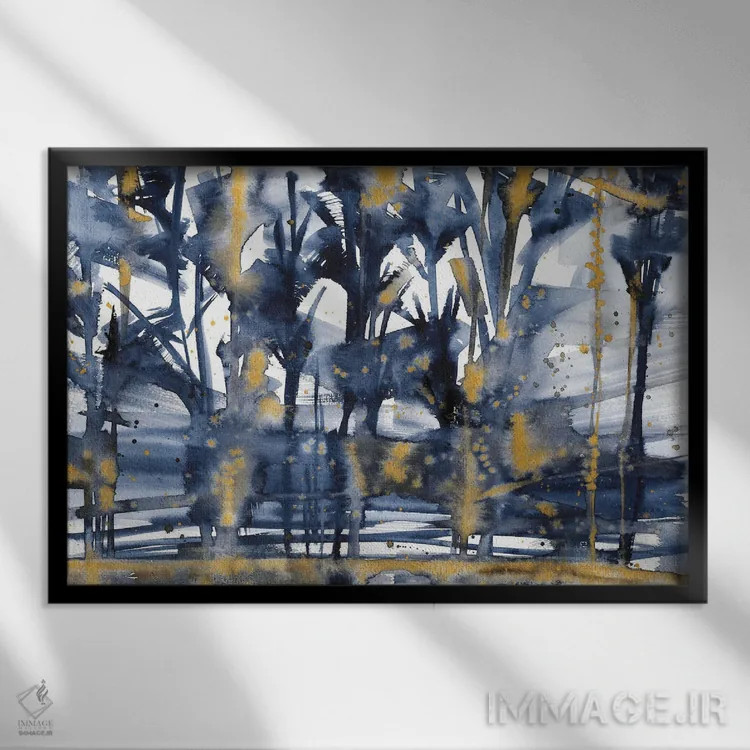 تابلو جنگل آبی و طلایی (آبرنگ) اثر آنا اوز - نمای قابدار مشکی