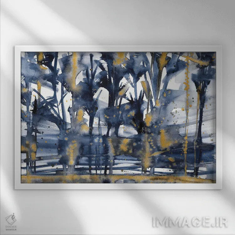 تابلو جنگل آبی و طلایی (آبرنگ) اثر آنا اوز - نمای قابدار سفید