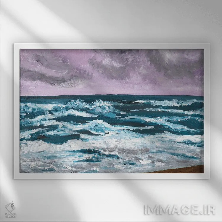 تابلو امواج آبی بر دریای بنفش (منظره) اثر آنا اوز - نمای قابدار سفید