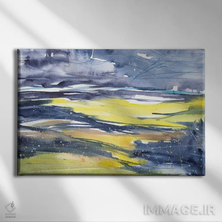 تابلو منظرهٔ انتزاعی آبی و زرد (آبرنگ) اثر آنا اوز - نمای روبهرو روی دیوار
