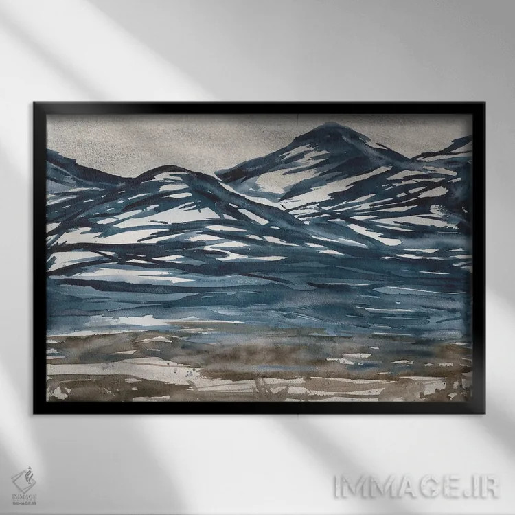 تابلو منظرهٔ کوهستانی آبی (آبرنگ) اثر آنا اوز - نمای قابدار مشکی