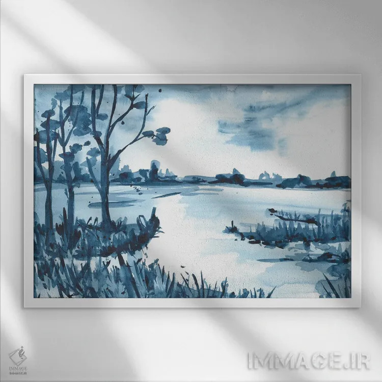تابلو دریاچهٔ آبی روشن (آبرنگ) اثر آنا اوز - نمای قابدار سفید