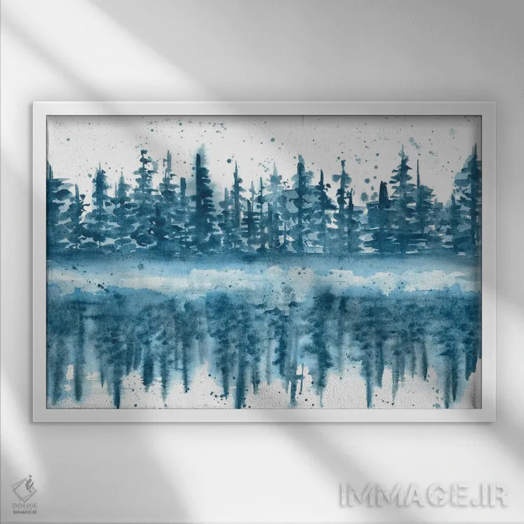 تابلو انعکاس آبی نیلی در دریاچه (آبرنگ) اثر آنا اوز - نمای قابدار سفید