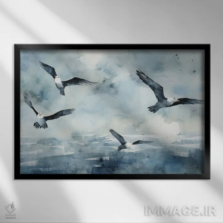 تابلو مرغ دریایی در آسمان آبی اثر آنا اوز - نمای قابدار مشکی