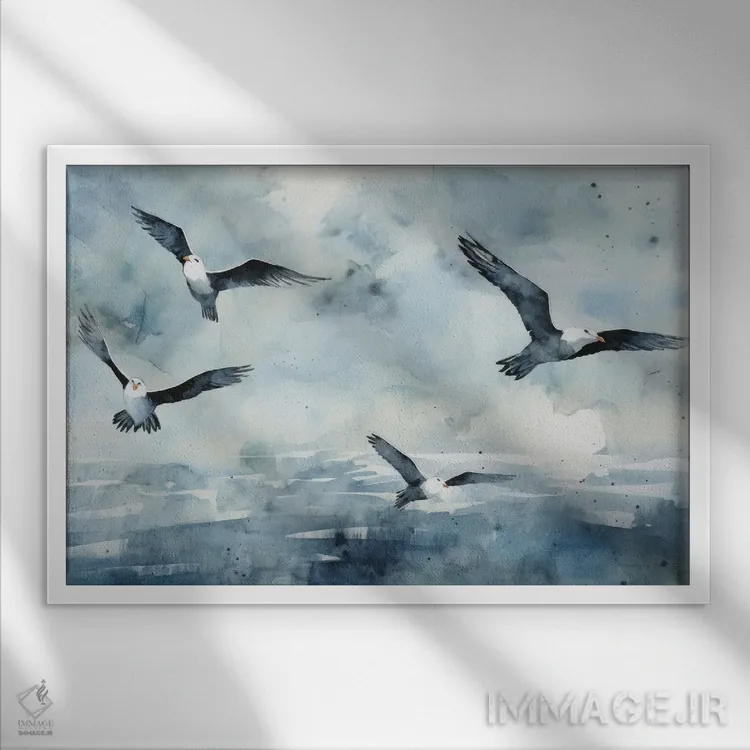 تابلو مرغ دریایی در آسمان آبی اثر آنا اوز - نمای قابدار سفید
