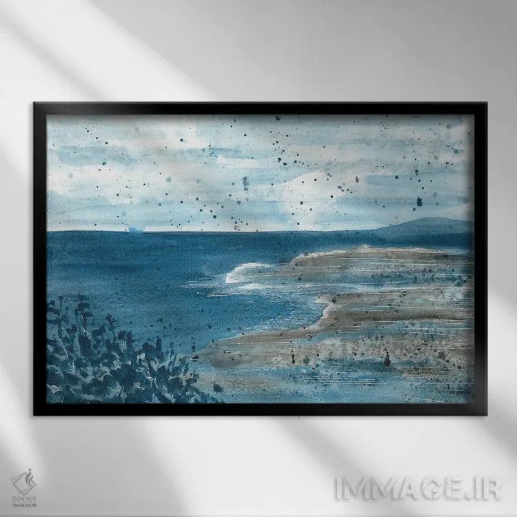 تابلو منظرهٔ دریایی انتزاعی آبی (آبرنگ) اثر آنا اوز - نمای قابدار مشکی