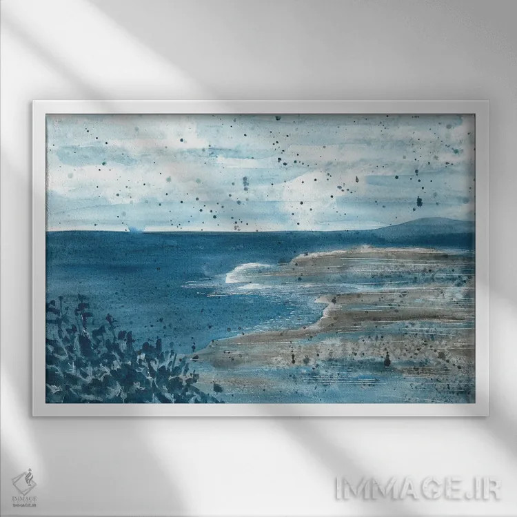 تابلو منظرهٔ دریایی انتزاعی آبی (آبرنگ) اثر آنا اوز - نمای قابدار سفید