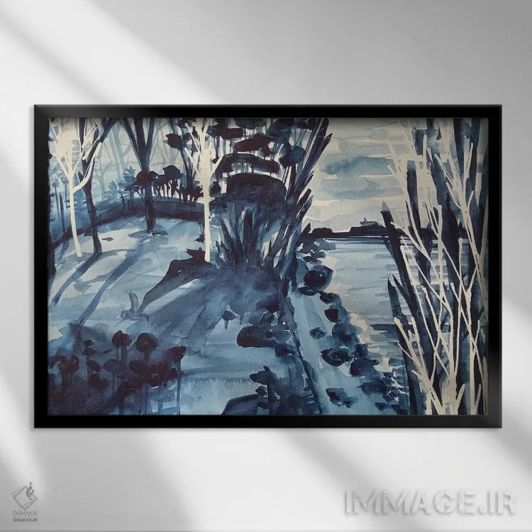 تابلو دریاچهٔ آبی (آبرنگ) اثر آنا اوز - نمای قابدار مشکی