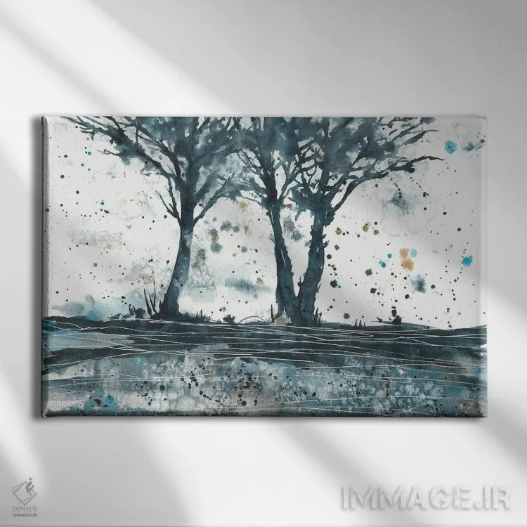 تابلو آبرنگ انتزاعی آبی و قهوهای اثر آنا اوز - نمای روبهرو روی دیوار