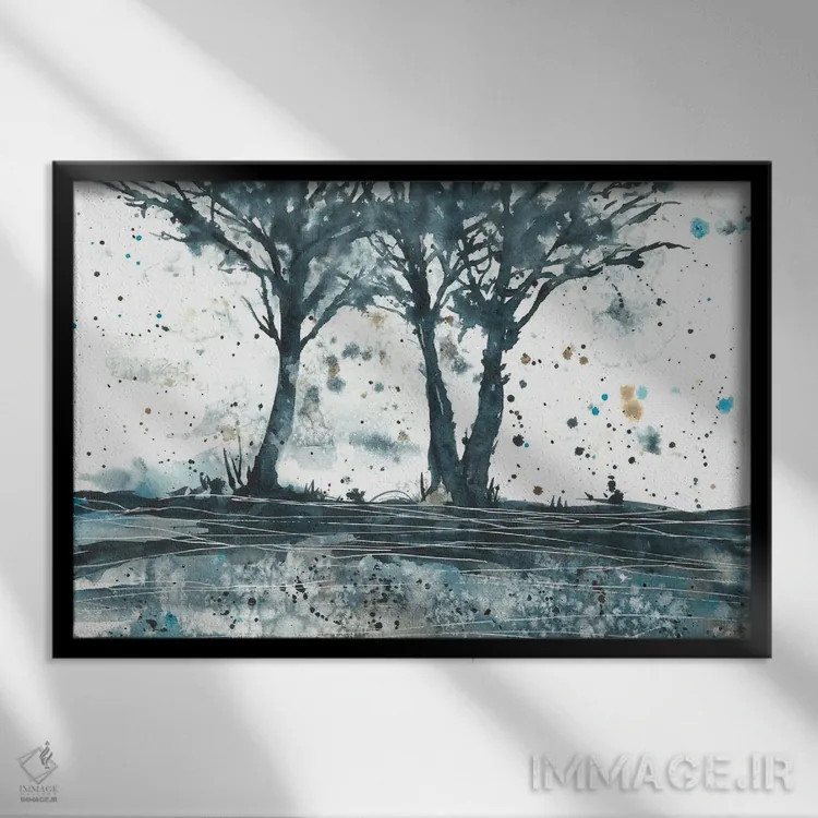 تابلو آبرنگ انتزاعی آبی و قهوهای اثر آنا اوز - نمای قابدار مشکی